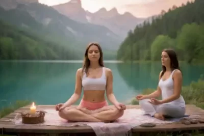 Grupo diverso de personas practicando meditación y yoga en un entorno natural sereno