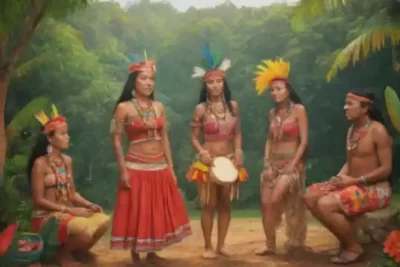 Ilustración colorida que muestra tradiciones indígenas de América Latina