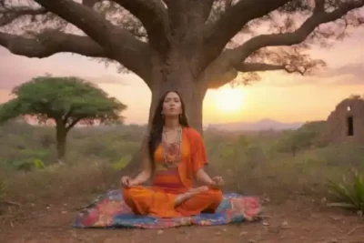 Figura meditando bajo un árbol en un paisaje vibrante de América Latina