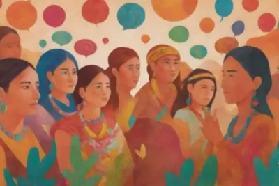 Ilustración colorida de un grupo diverso de personas conversando