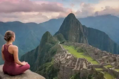 Figura meditando en un paisaje sereno con templos antiguos