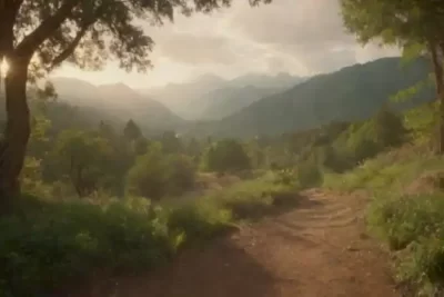 Paisaje sereno con elementos culturales indígenas y artefactos espirituales