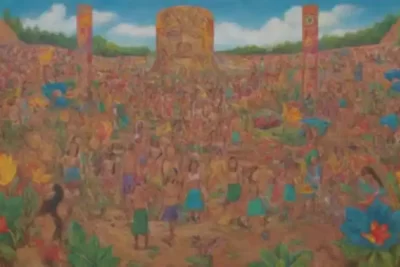 Mural colorido que representa la revitalización de lenguas indígenas