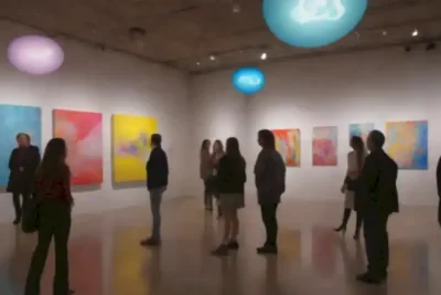 Galería artística vibrante con personas conversando sobre arte
