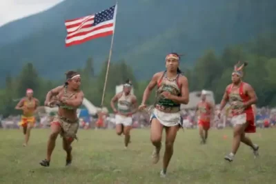 Indígenas americanos participan en juegos tradicionales como lacrosse en un paisaje natural con bosques