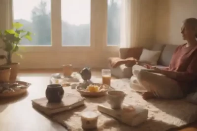 Sala iluminada con una persona meditando