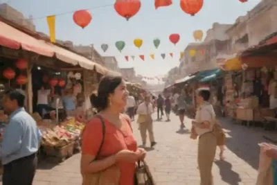 Una escena vibrante de viaje con un viajero interactuando con locales en un colorido mercado lleno de carteles en diferentes idiomas y monumentos icónicos de diversos países