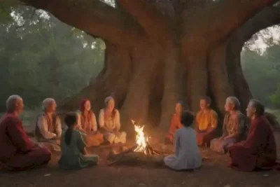 Un anciano narrador cuenta historias a un grupo diverso de niños y adultos bajo un árbol antiguo