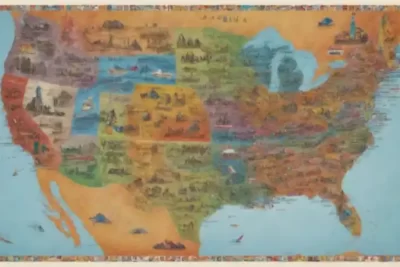 Mapa artístico de América que muestra regiones con símbolos de lenguas y personas diversas comunicándose