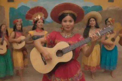 Ilustración colorida de un tour virtual del folklore latinoamericano con bailarines