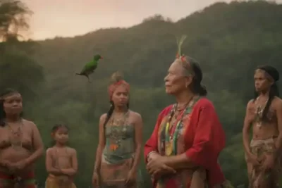 Un anciano indígena narra leyendas a niños en un paisaje mágico con un atardecer vibrante y criaturas etéreas