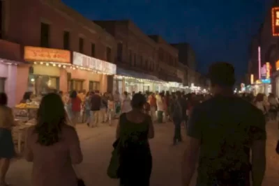 Escena vibrante de cine al aire libre en una ciudad latinoamericana