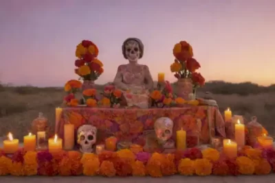 Altar decorado para el Día de los Muertos con cempasúchil