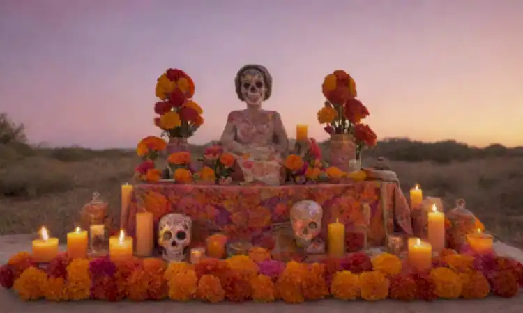 Altar decorado para el Día de los Muertos con cempasúchil