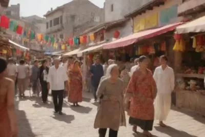 Mercado vibrante con elementos culturales diversos