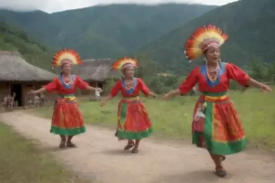 Danzantes indígenas en un pueblo pintoresco