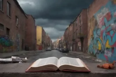 Un libro abierto en un entorno urbano caótico