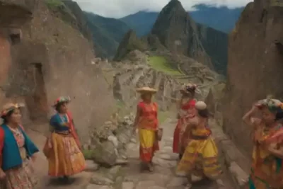 Collage artístico que representa paisajes vibrantes de América Latina con elementos folclóricos y culturales