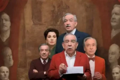 Collage colorido de dramaturgos latinoamericanos como García Márquez