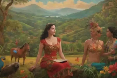 Escena colorida de folklore latinoamericano con criaturas míticas