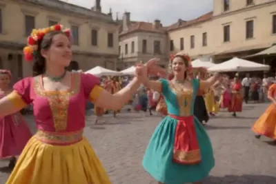 Festividades culturales vibrantes con danzantes en trajes tradicionales rodeados de arquitectura histórica y decoraciones festivas