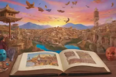 Libro abierto con diversos idiomas rodeado de símbolos culturales