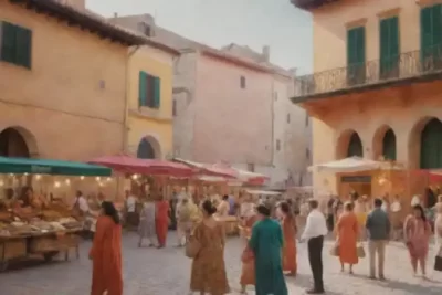 Grupo diverso de turistas interactuando con tradiciones locales en una plaza histórica