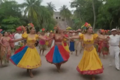 Festival cultural latinoamericano con bailarines en trajes tradicionales rodeados de follaje tropical y monumentos históricos