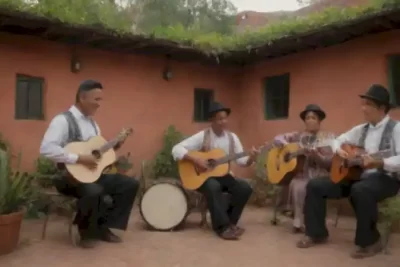 Grupo diverso de músicos en un colorido escenario latinoamericano