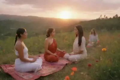 Grupo diverso en un paisaje sereno con naturaleza exuberante