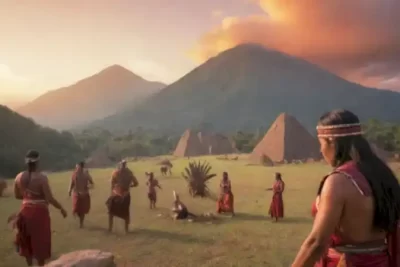 Representación artística de civilizaciones indígenas en un paisaje vibrante con templos antiguos y personas en atuendos tradicionales