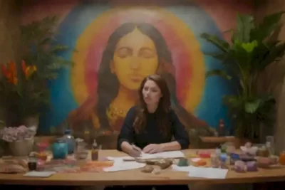 Talleres vibrantes en América Latina con artistas y practicantes espirituales rodeados de murales coloridos y elementos culturales en un entorno tropical