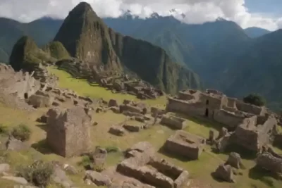 Grupo de arqueólogos examinan artefactos entre montañas y ruinas antiguas en un paisaje andino vibrante