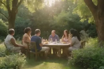 Grupo diverso de personas conversando en un entorno natural sereno