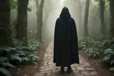 Caballero medieval en capa oscura explora un antiguo camino de piedra en una selva tropical