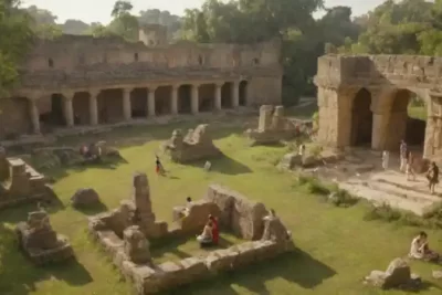 Estudiantes diversos exploran ruinas arqueológicas rodeadas de vegetación