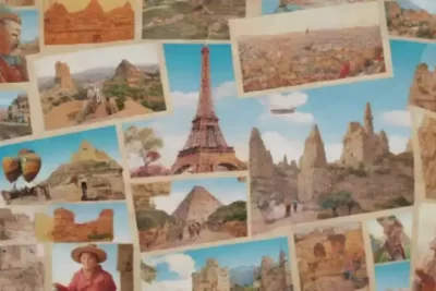 Collage colorido que muestra viajeros interactuando con señales en varios idiomas
