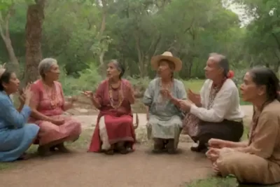 Grupo diverso de personas escuchando a un anciano narrador en un museo al aire libre