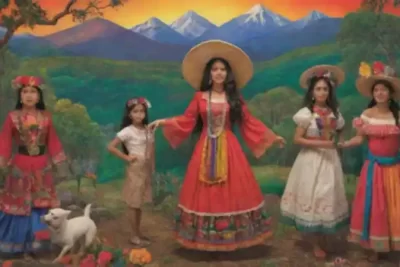 Collage colorido de personajes del folclore latinoamericano