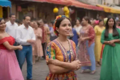 Representación artística de diversas culturas latinoamericanas con personas en vestimenta tradicional interactuando a través de gestos expresivos en un colorido mercado
