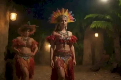 Representación artística del folclore latinoamericano con trajes tradicionales vibrantes