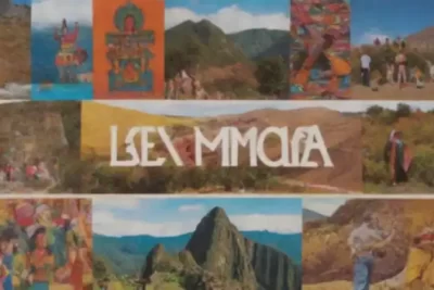 Collage artístico que muestra postales lingüísticas de América Latina con símbolos culturales