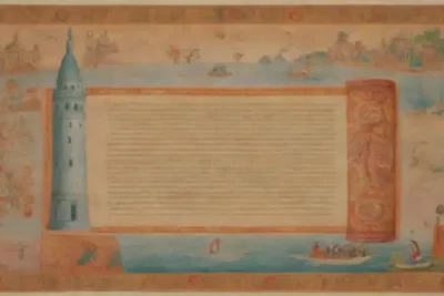 Ilustración de un pergamino antiguo desplegado con caligrafía intricada