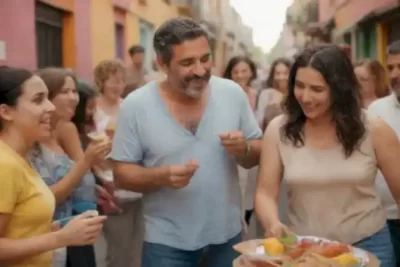Grupo diverso de personas conversando animadamente en un entorno urbano colorido