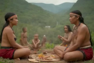 Grupo diverso de personas indígenas realizando actividades tradicionales en un paisaje natural y urbano