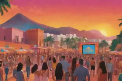 Escena vibrante de un festival de cine latinoamericano con espectadores entusiastas