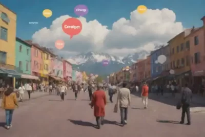 Un paisaje colorido con personas de diversas culturas conversando