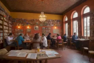 Grupo diverso de escritores latinoamericanos en un café vibrante