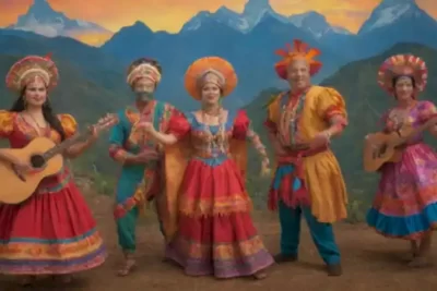 Portada vibrante de folklore latinoamericano con bailarines
