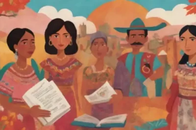 Ilustración colorida de figuras culturales latinoamericanas en diálogo